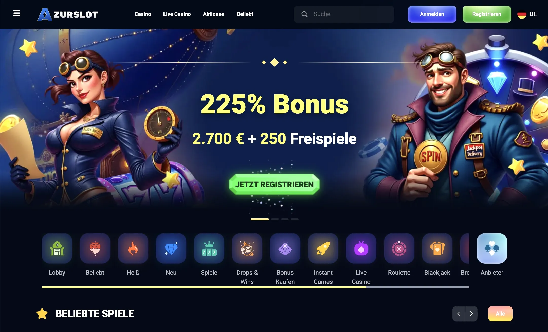 Azurslot seriöses Online Casino Lobby