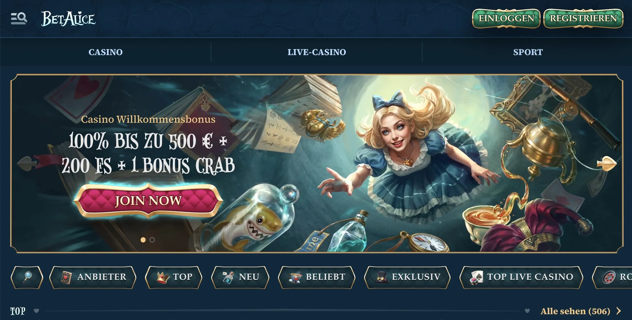 BetAlice seriöses Online Casino Lobby