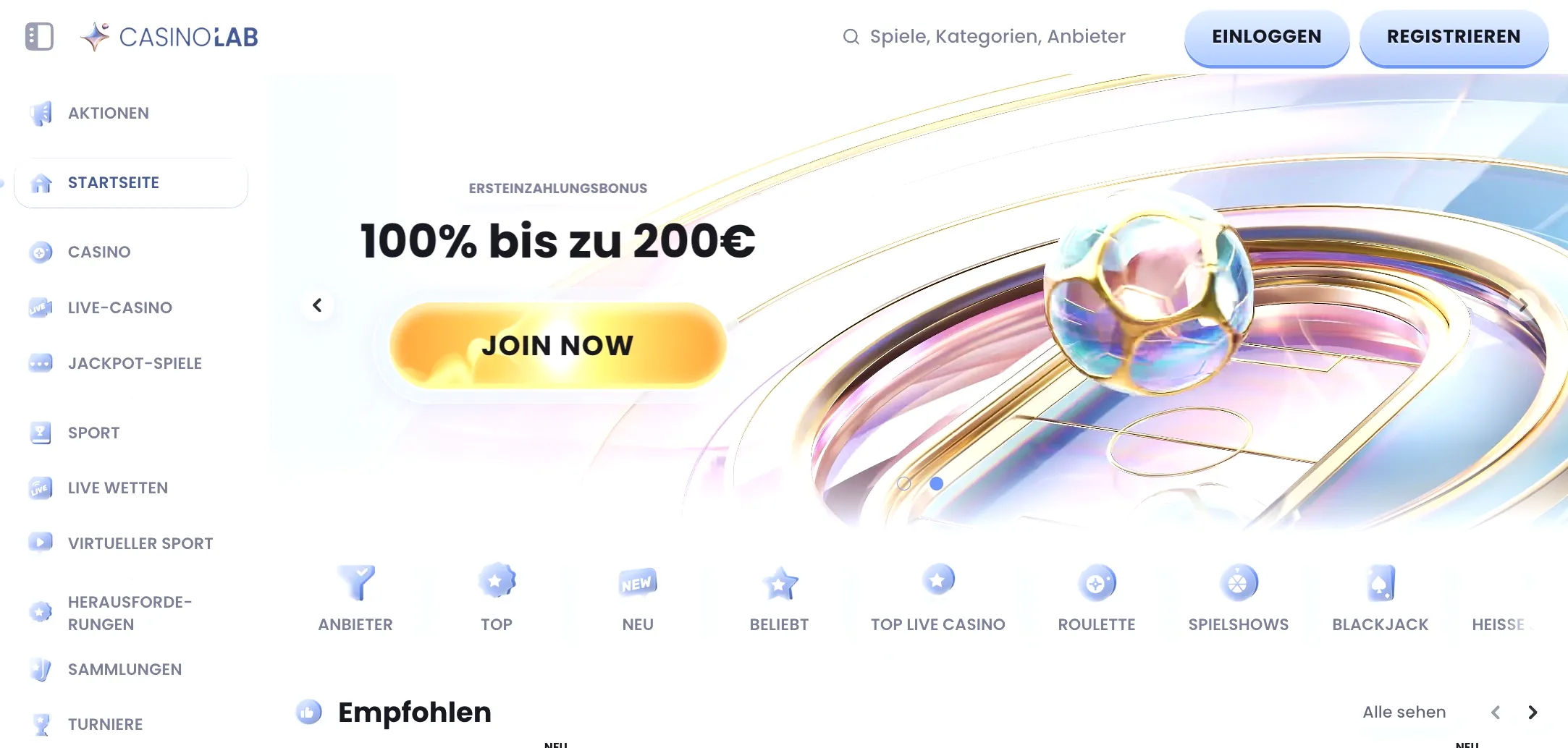 CasinoLab seriöses Online Casino Lobby