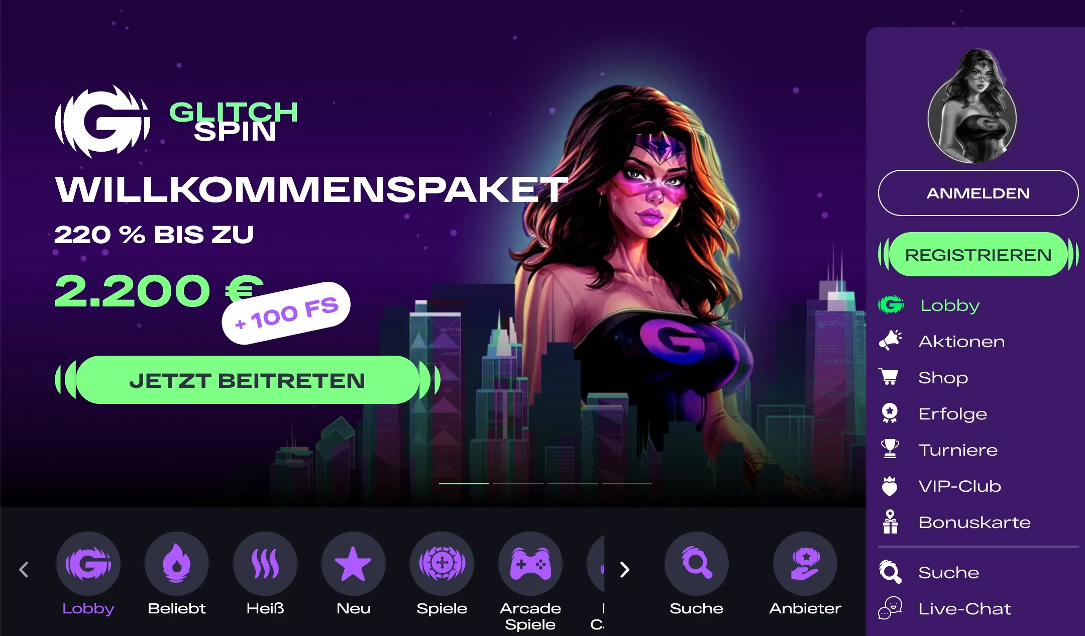 Glitchspin seriöses Online Casino Lobby