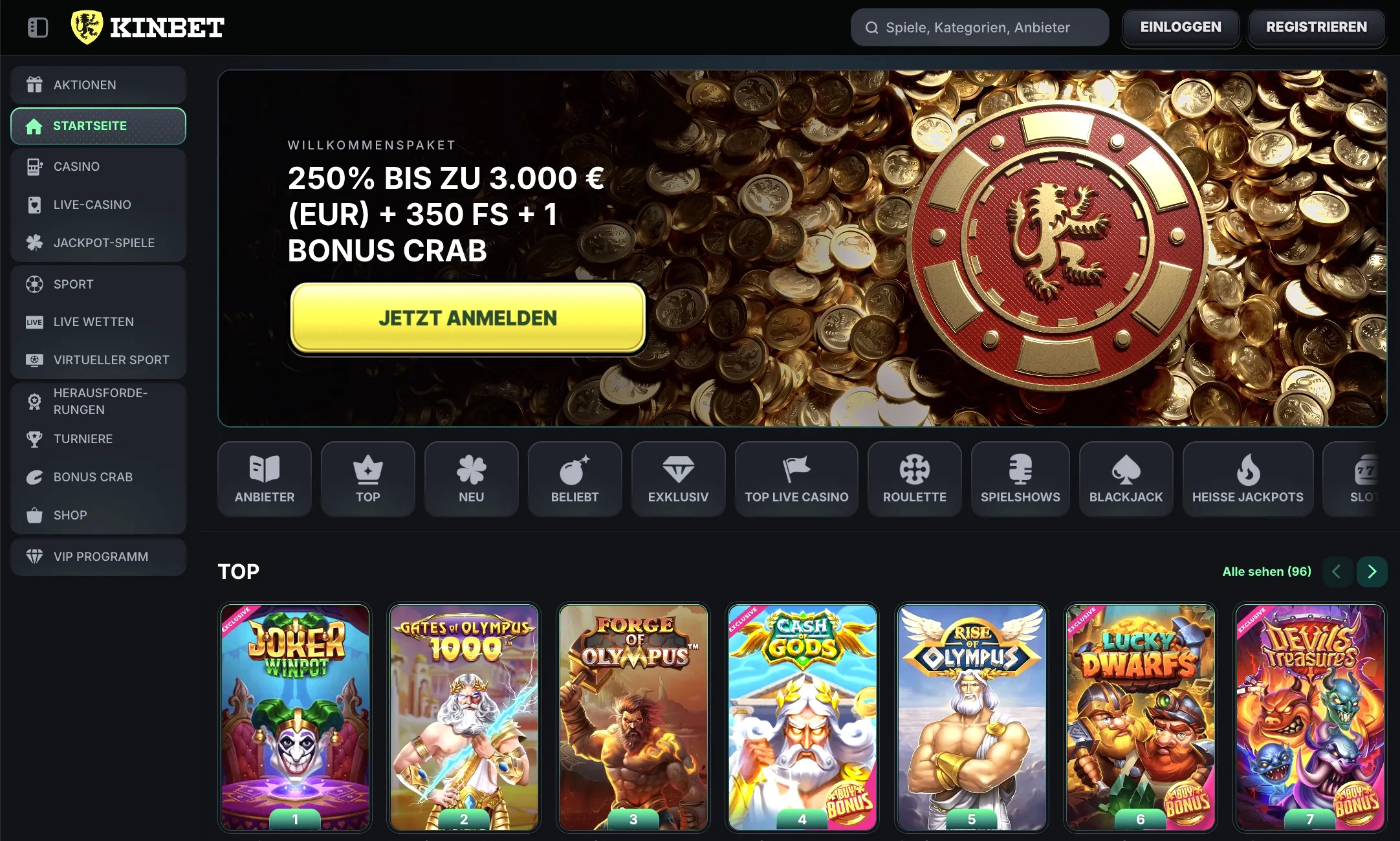 Kinbet seriöses Online Casino Lobby