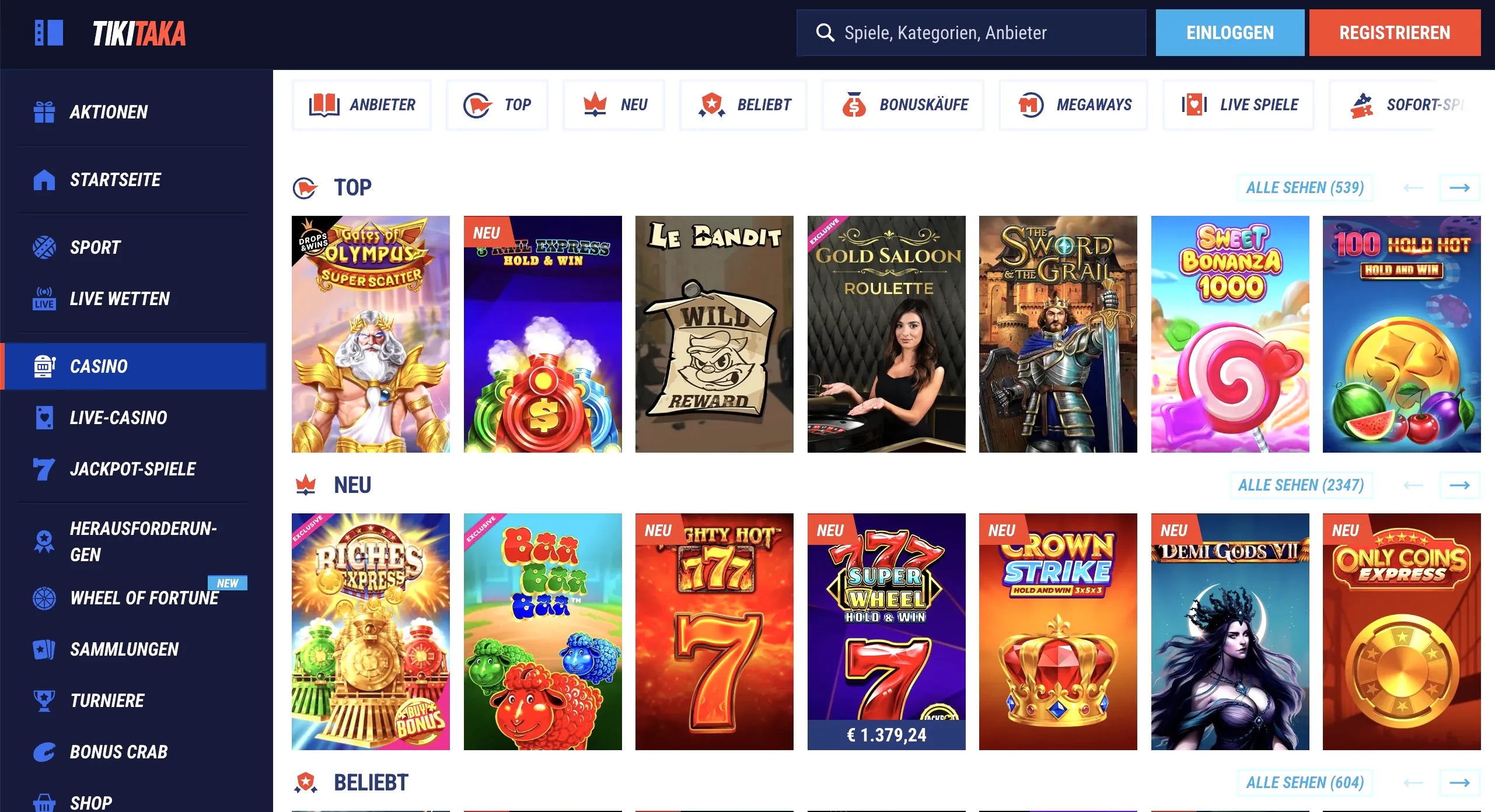 TikiTaka seriöses Online Casino Lobby