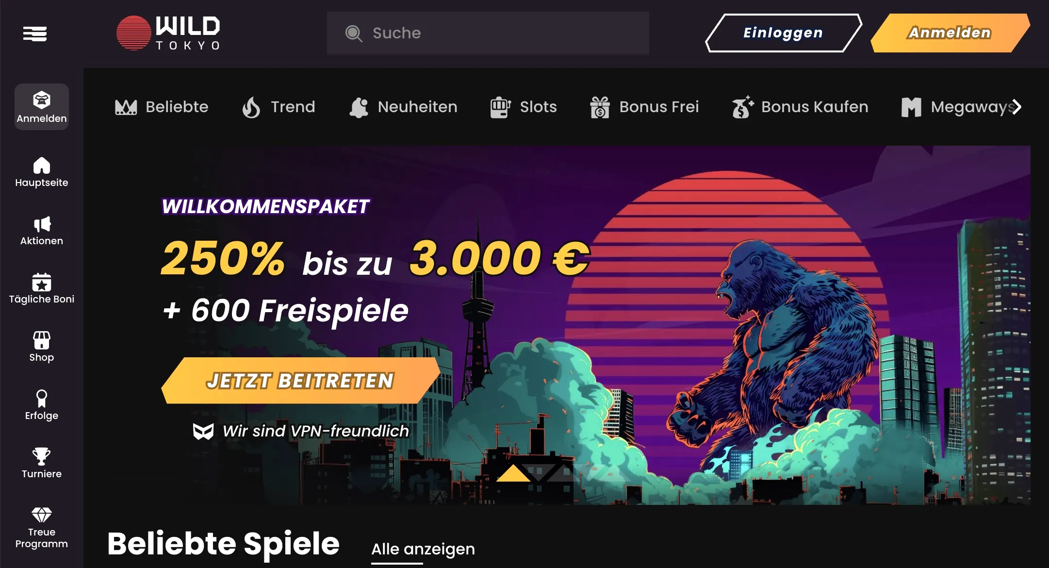 WildTokyo seriöses Online Casino Lobby