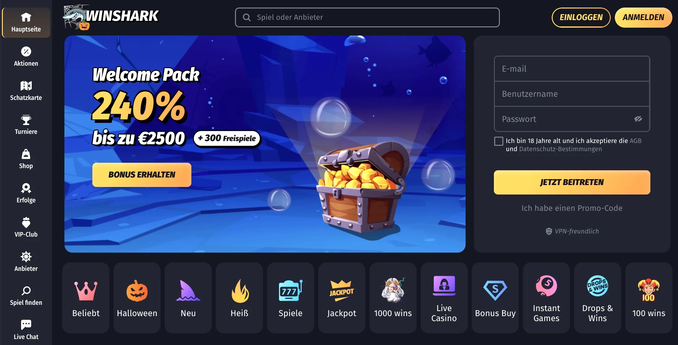 Winshark seriöses Online Casino Lobby